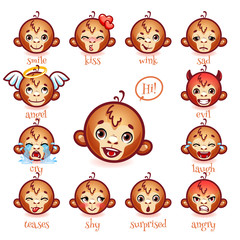Set of emoticons funny monkey. Smile, kiss, wink, sad, evil, cry