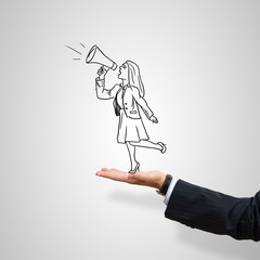 Caricatures of businesswoman in palm