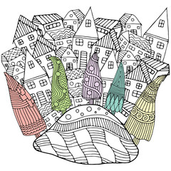 Artistically winter, christmas, ethnic pattern with Xmas trees and houses. Pattern for coloring book. Vector. Hand-drawn, floral, retro, doodle, zentangle, tribal design element.
