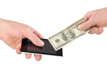 The black smartphone and dollars in a hand
