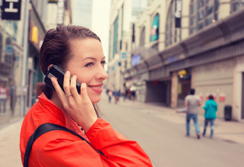 portrait happy young lady attractive woman talking on mobile pho