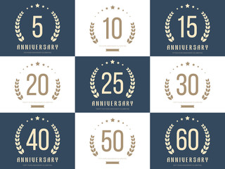 Vector set of anniversary signs, symbols. 5, 10, 15, 20, 25, 30, 40, 50, 60 years jubilee design elements collection.