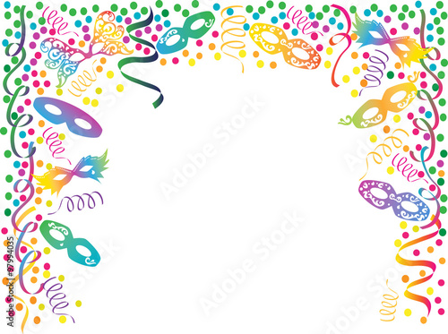 "Carnival colorful frame with masks, ribbons and confetti 