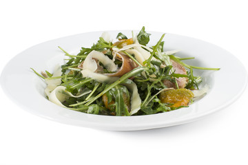 Salad of cured pork with Parmesan cheese, carrots, sunflower seeds and arugula