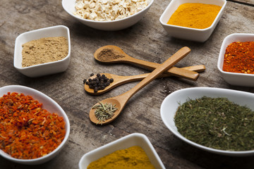 Powder spices on spoons and bowl