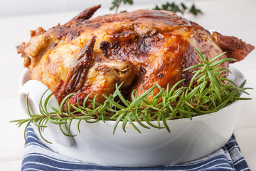 Baked chicken on white plate.