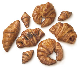 Different types of pastry and bakery against white background