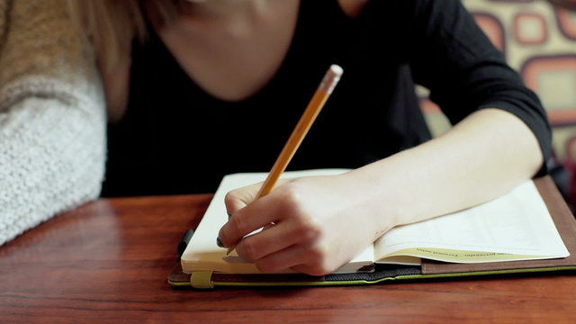 Woman sitting in the restaurant and write something in the notebook
