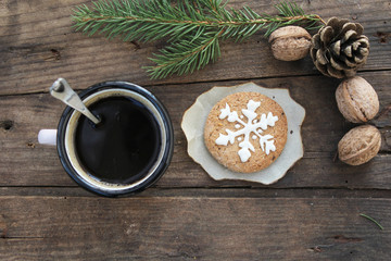 Border design with Christmas tree, pine cone, walnut, cookie and hot chocolate mug - winter food concept