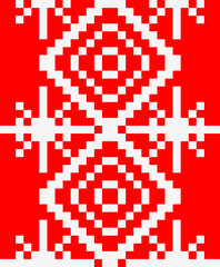 Fototapeta premium Knitted pattern with snowflakes. Red winter background.