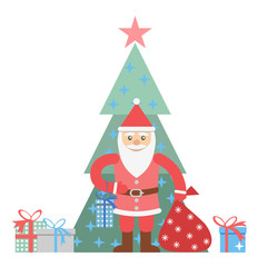 Illustration of Santa Claus with sack and christmas tree