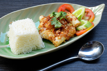 Fried squid garlic pepper with rice,Thai food