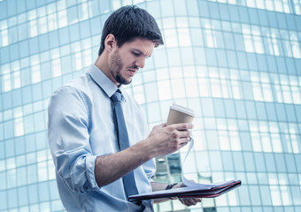 Woried and stressed businessman on coffee break