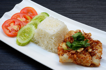 Fried squid garlic pepper with rice,Thai food