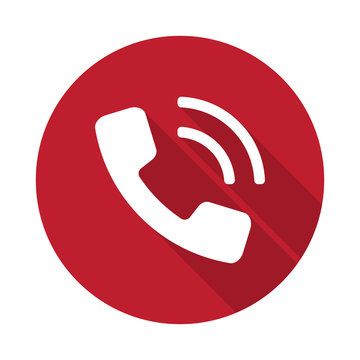 Flat Phone icon with long shadow on red circle
