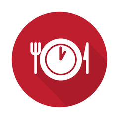 Flat Lunch Time icon with long shadow on red circle