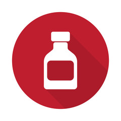 Flat Medicine Bottle icon with long shadow on red circle
