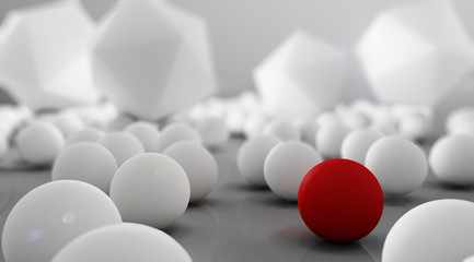 White spheres with one red on grey background - obrazy, fototapety, plakaty