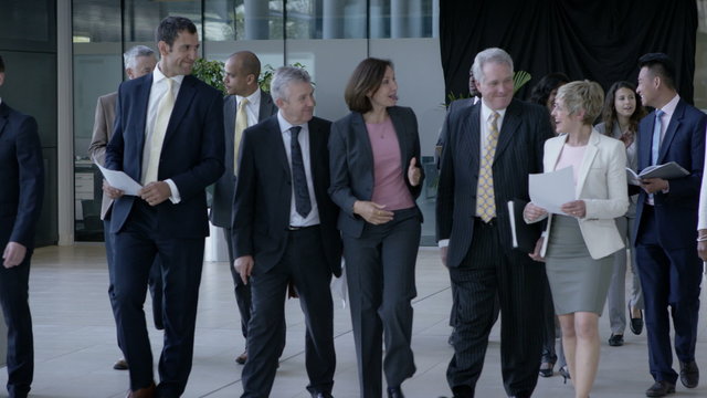  Large diverse business group talking as they walk through office building