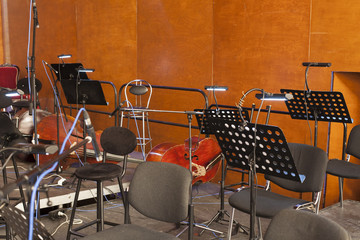 microphone on the stage and empty hall during the rehearsal