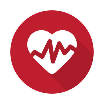 Flat Heart Rate Pulse icon with long shadow on red circle