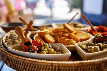 Different olive tapenades on provencal street market in Provence