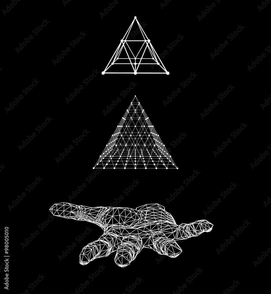 Poster triangle pyramid on the arm. the hand holding a pyramid. polygon triangle. polygonal hand. the shado