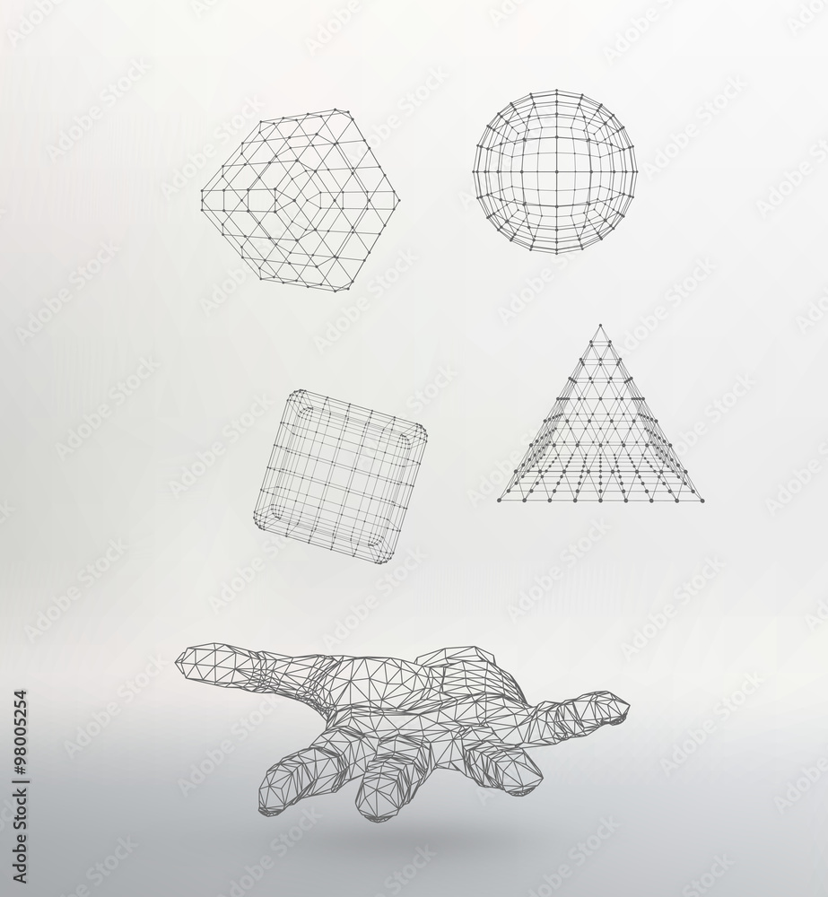 Poster triangle pyramid, ball, cube on the arm. polygon triangle. polygonal hand. mesh polygonal background