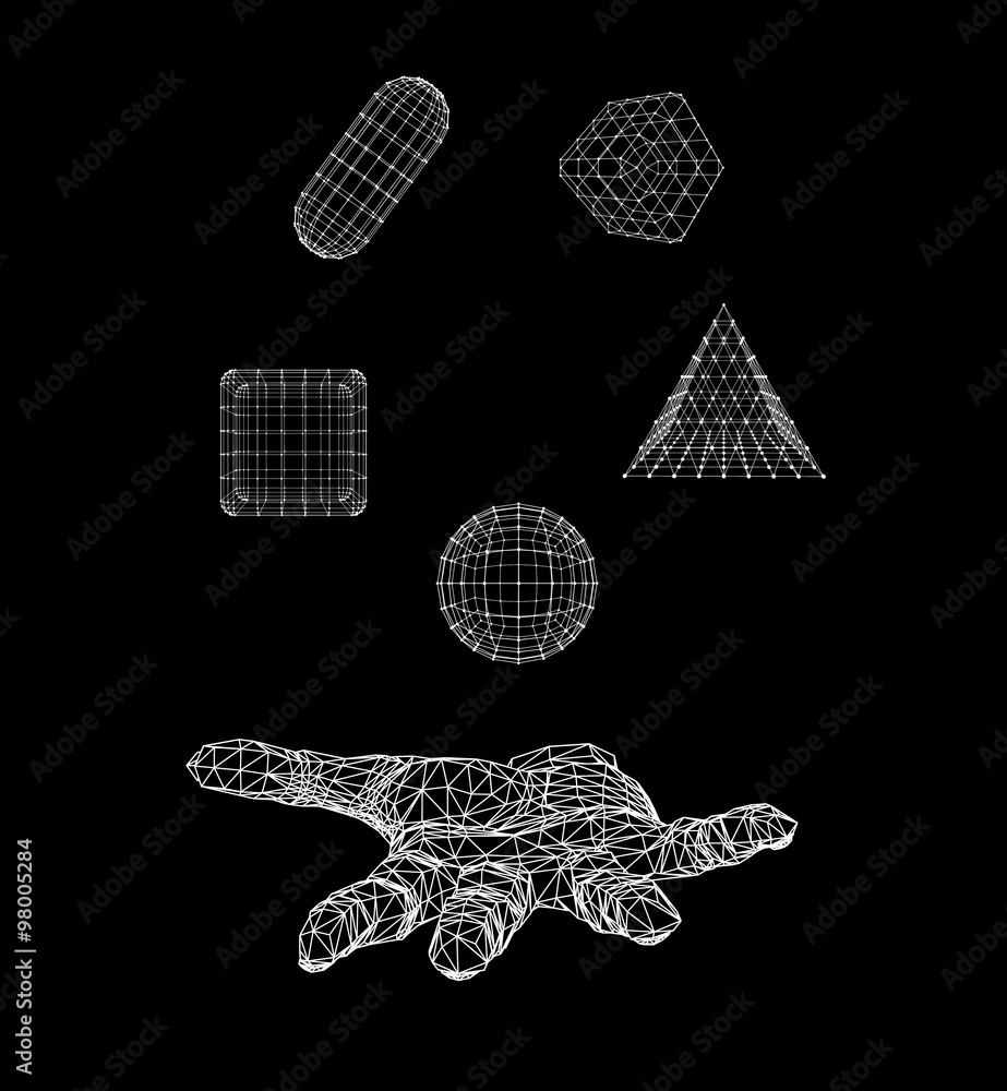 Poster triangle pyramid, ball, cube, capsule on the arm. polygon triangle. polygonal hand. mesh polygonal b
