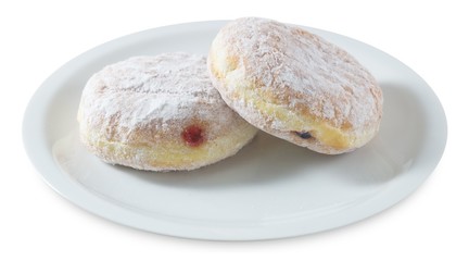 Two Donut Filled with Strawberry Jam on White Background