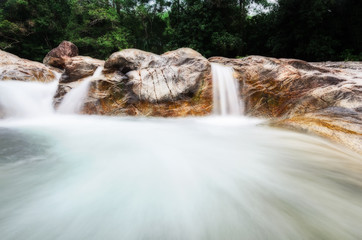 Manora Small Waterfall and rock in tropical forest,Phattalung Province (Un-focus image)