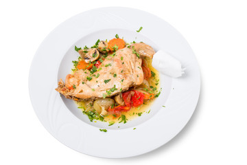 Baked chicken leg with vegetables.