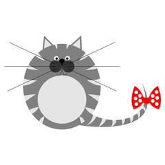 Vector illustration, cute thick grey striped cat with red bow, isolated over white backdrop