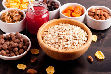 oat flakes and various delicious ingredients for breakfast