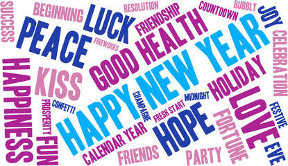 Happy New Year word cloud on a white background. 