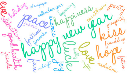 Happy New Year word cloud on a white background. 