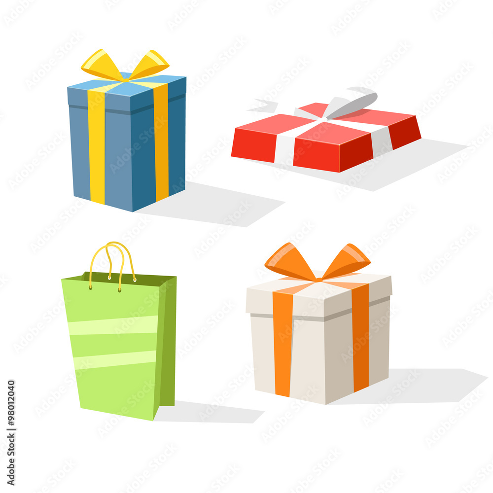 Poster different color gift boxes isolated on white. design elements