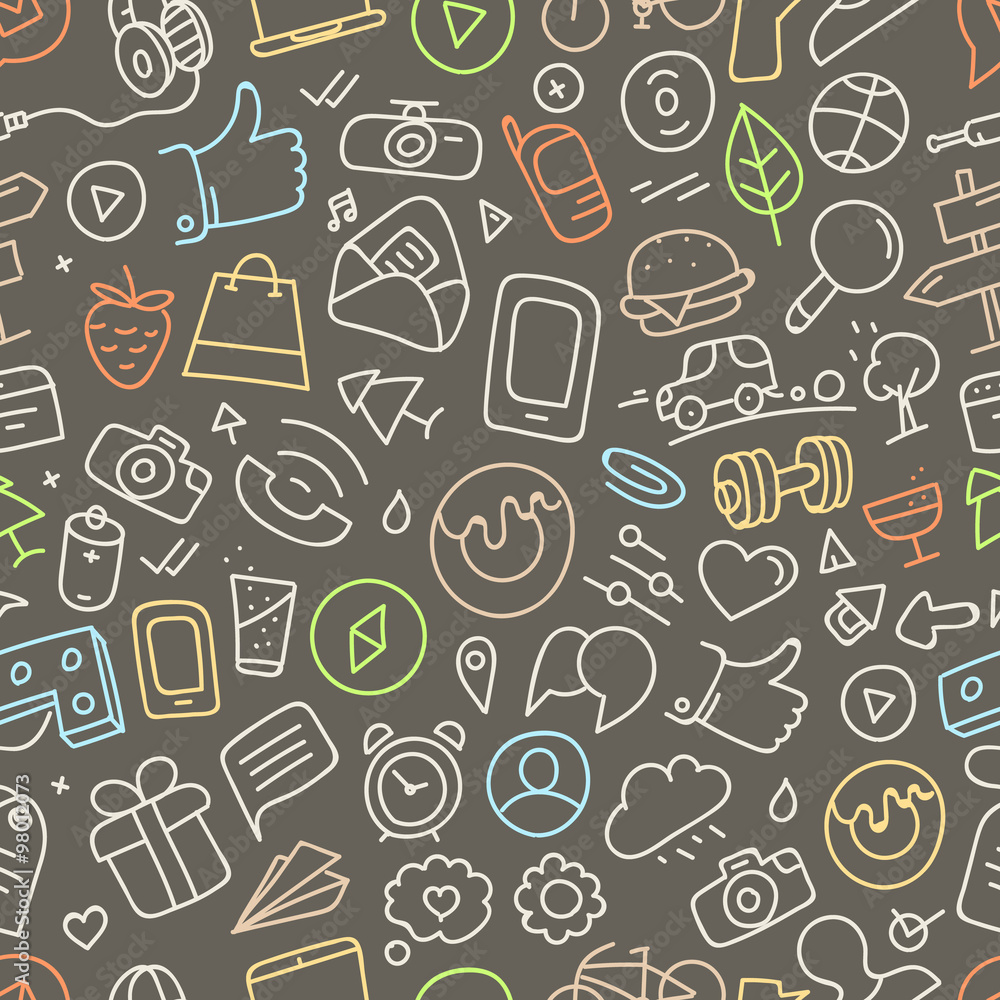 Poster different web interface doodle silhouettes seamless pattern. car