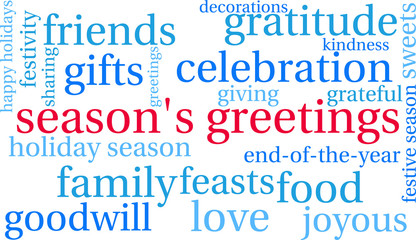 Season's Greetings word cloud on a white background. 