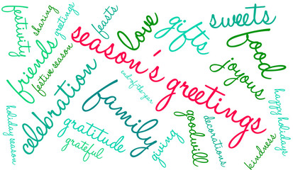 Season's Greetings word cloud on a white background. 