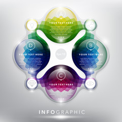 Abstract info graphic with circle elements. Glossy and transparent on the white panel. Use for business, marketing concept. 4 parts concept. Vector illustration. Eps 10.