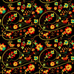 Floral khokhloma seamless pattern with birds