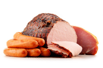 Meat products including ham and sausages isolated on white