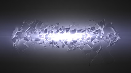 exploding wall with light beam. wide damage with big pieces.