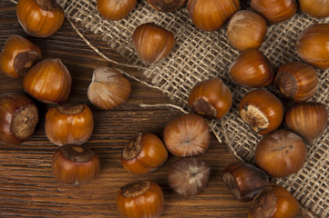 hazelnuts on a wooden table