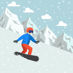 Snowboarder on the board ride in the mountains across of the falling snow, winter activities illustration