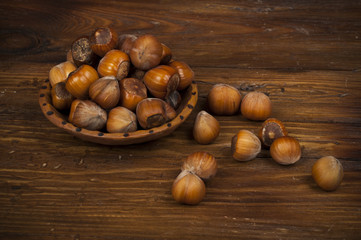 hazelnuts on a wooden table
