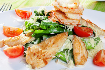 Caesar salad in a still life with chicken and croutons close-up for the menu