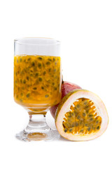 Fresh passion fruit juice with passion fruits on white