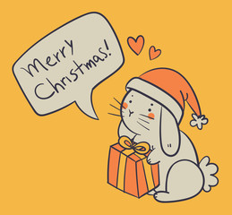 Hand Drawn Bunny Holding a Present and Wishing a Merry Christmas